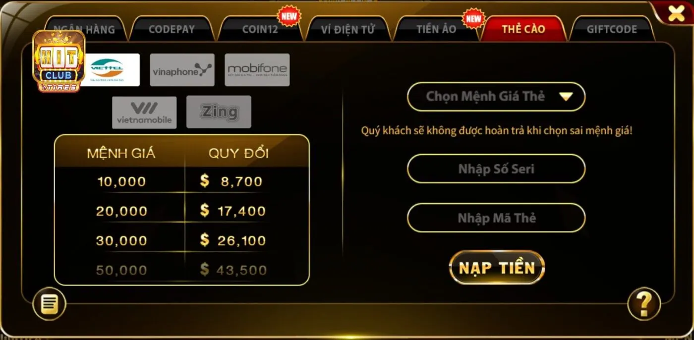 Hướng dẫn nạp tiền Hitclub qua thẻ cào